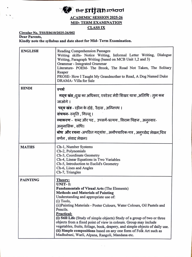 Class 9 Mid - Term Exam Syllabus and Datesheet 2025-26 | PDF