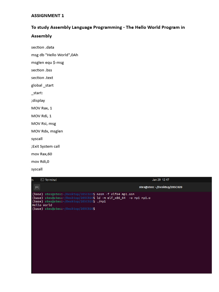 Hello World in Assembly Language | PDF