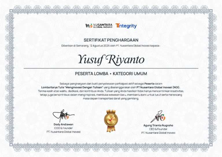 Penghargaan untuk Yusuf Riyanto | PDF