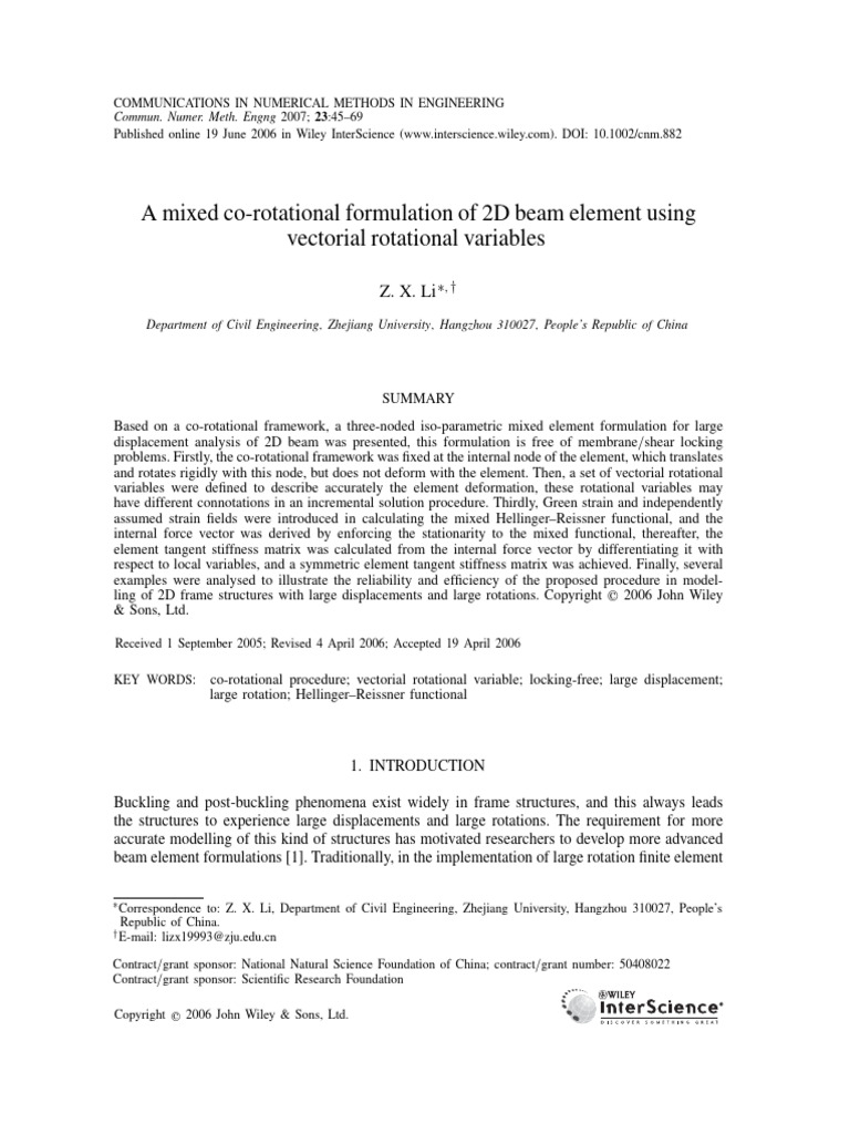 (2006, Li) A Mixed Co Rotational Formulation of 2D Beam Element Using ...