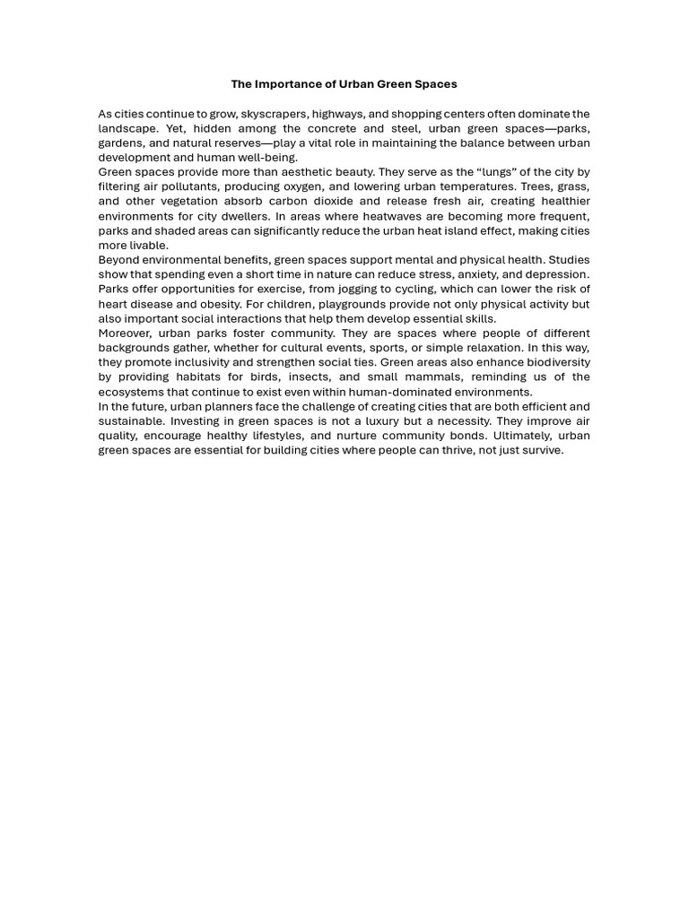 Benefits of Urban Green Spaces | PDF