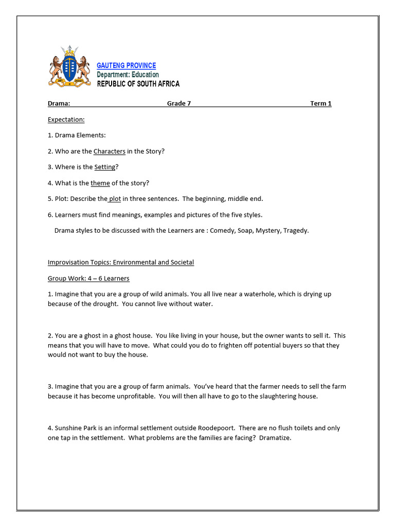 Grade 7 Creative Arts (Drama) Term 1 Group Work | PDF