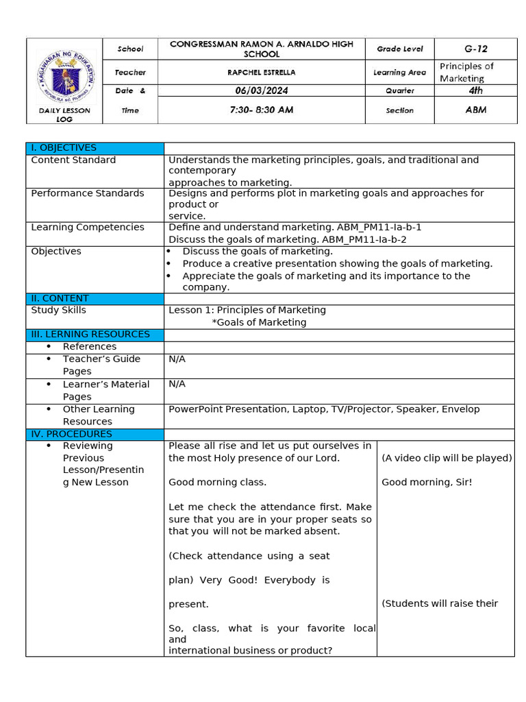 Detailed Lesson Plan in Goals in Marketing Compress | PDF | Marketing ...