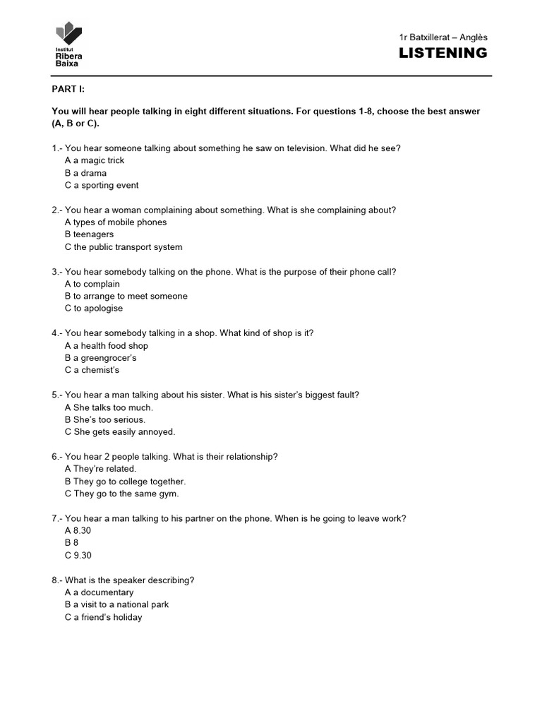 Listening Comprehension Practice for 1r Batxillerat | PDF