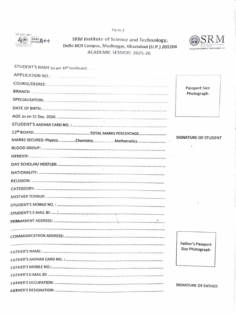 SRM Institute Enrollment Checklist 2025-26 | PDF