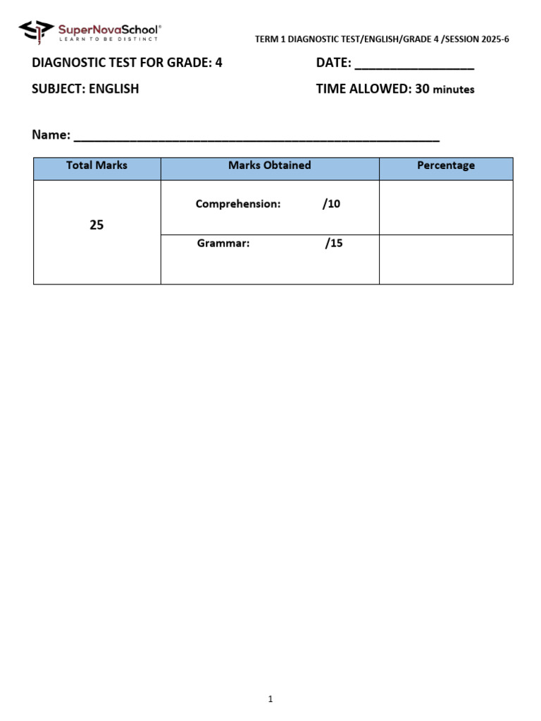 Grade 4 English Diagnostic Test 2025-6 | PDF | Linguistics