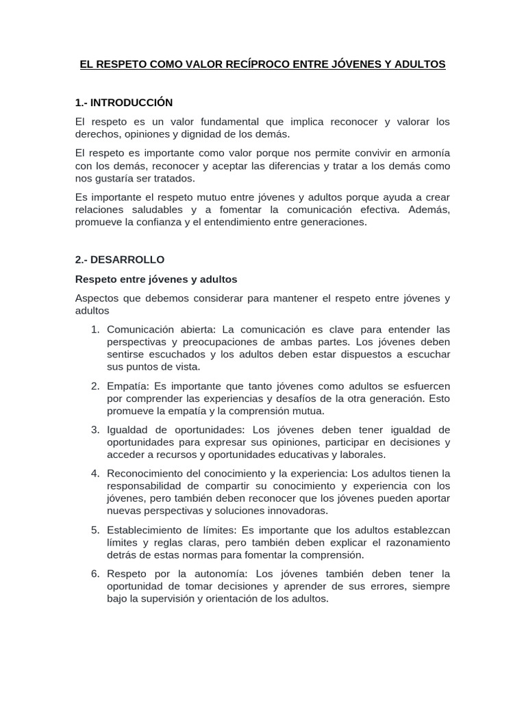 El Respeto Como Valor Recíproco Entre Jóvenes y Adultos | PDF ...