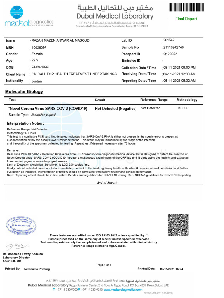 COVID-19 RT PCR Test Result Report | PDF | Biotechnology | Medicine