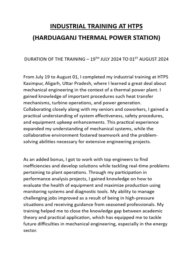 Industrial Training at HTPS 2024 | PDF | Power Station | Engineering