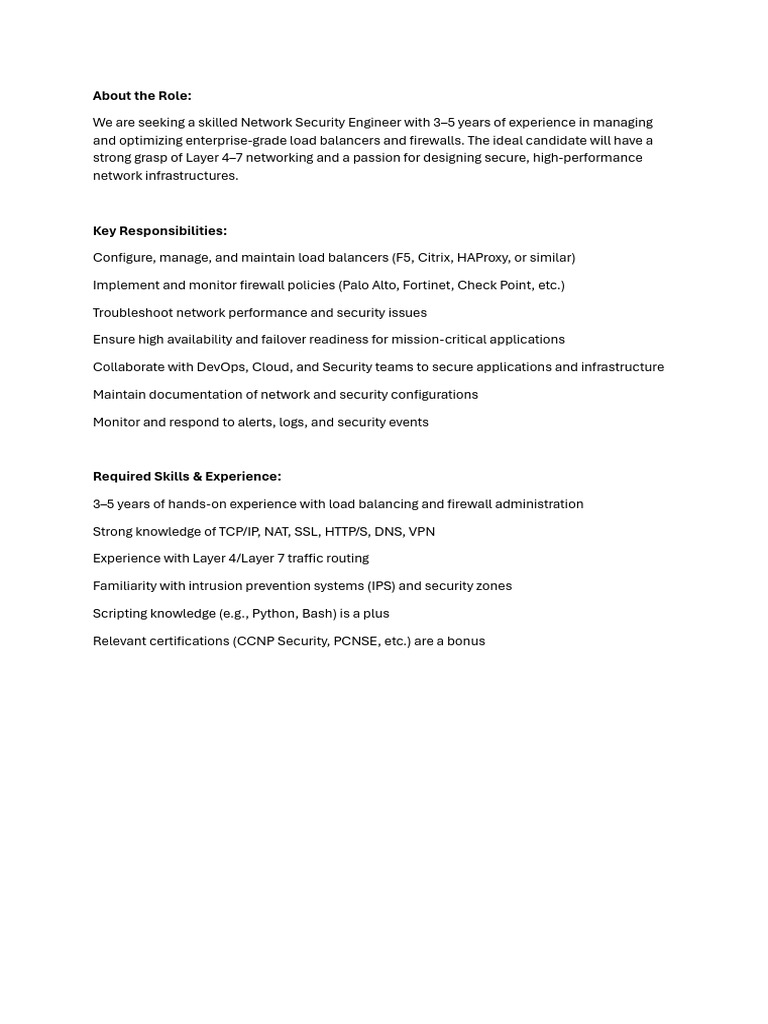 JD Network Engineer - Incedo | PDF