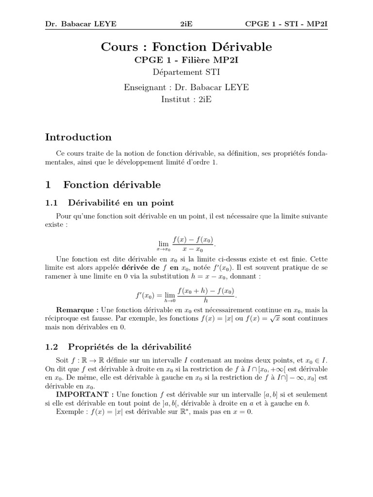 Cours sur les fonctions dérivables et leurs propriétés | PDF | Fonction ...