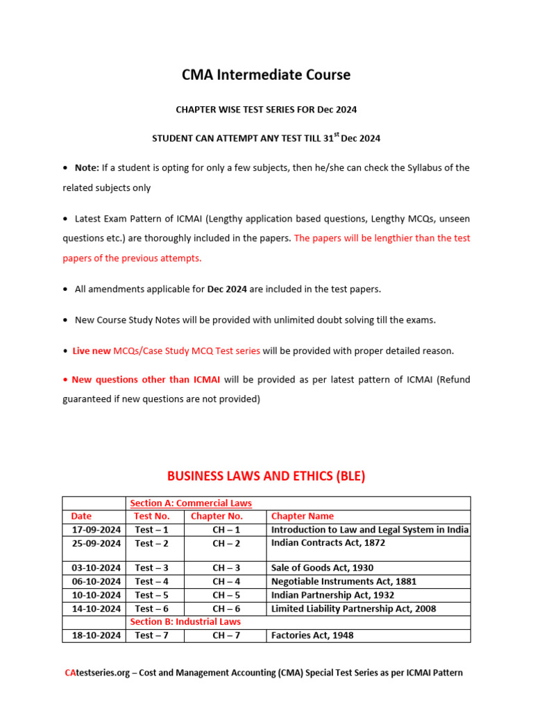 CMA Inter Chapter Wise Test Series | PDF | Taxes | Management Accounting