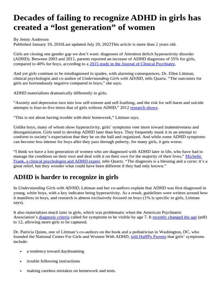 ADHD in Girls: A Lost Generation | PDF | Attention Deficit ...