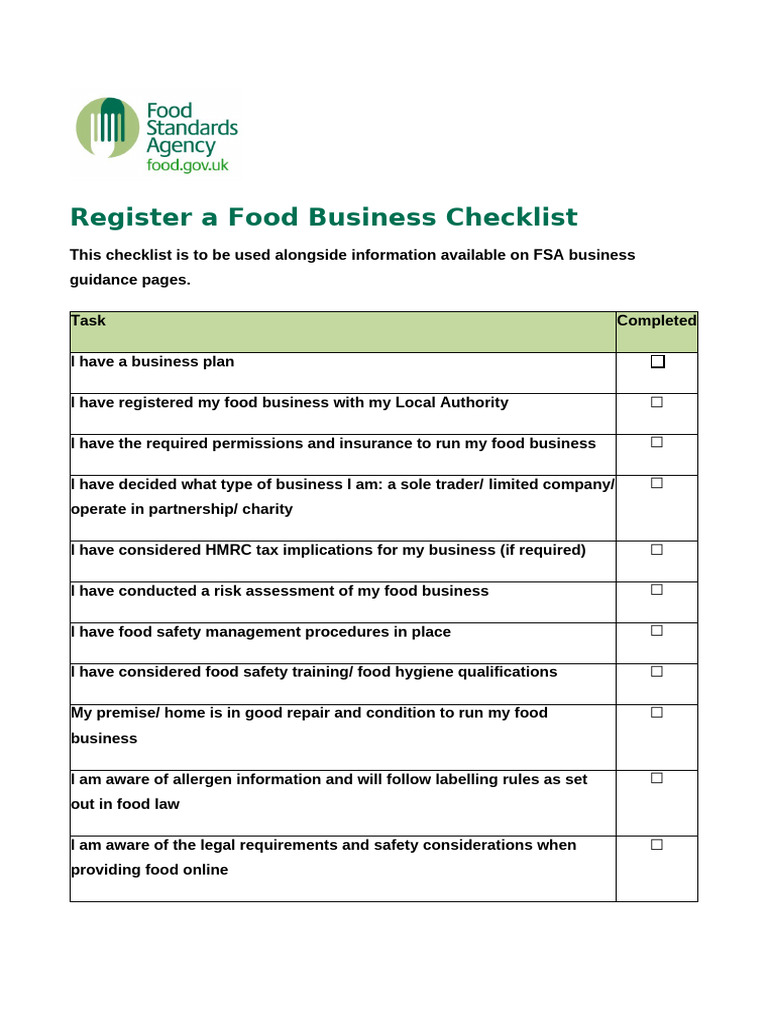Food Business Registration Checklist | PDF