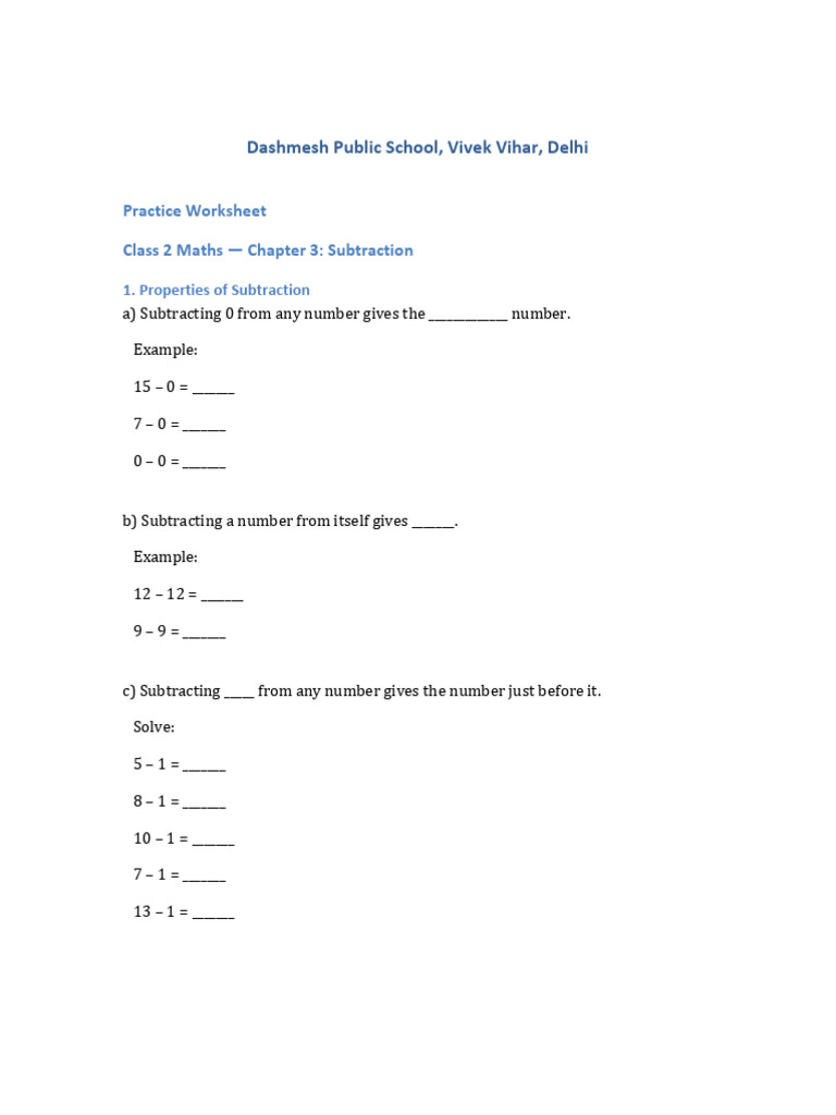 Class 2 Maths Subtraction Worksheet | PDF