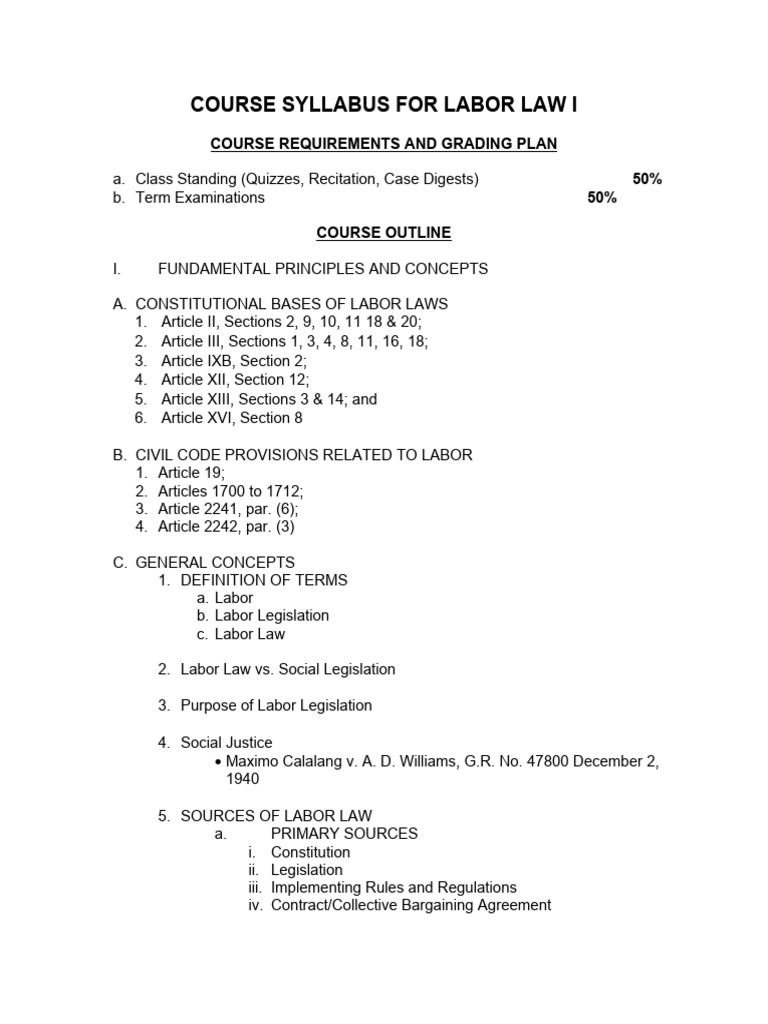 Labor Law I Course Syllabus | PDF | Labor | Labor Relations
