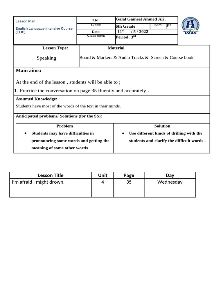 6th Grade Speaking Lesson Plan | PDF | Human Communication | Learning