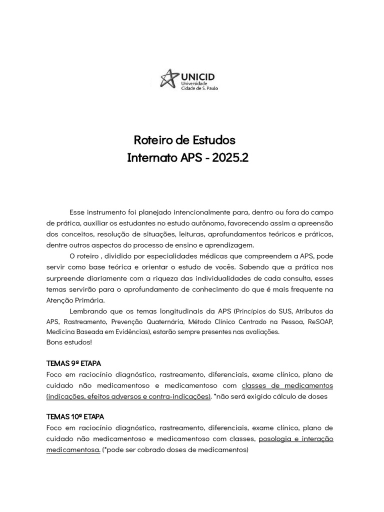 Roteiro de Estudos para Internato APS 2025.2 | PDF | Infecção ...