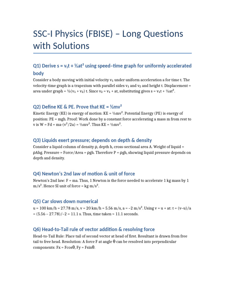 SSC-I Physics Long Questions Solutions | PDF | Force | Pressure