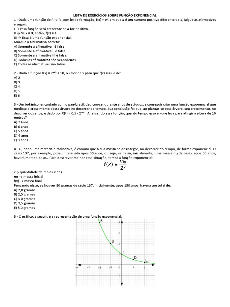 Exercícios sobre Função Exponencial | PDF | Exponenciação | Função ...
