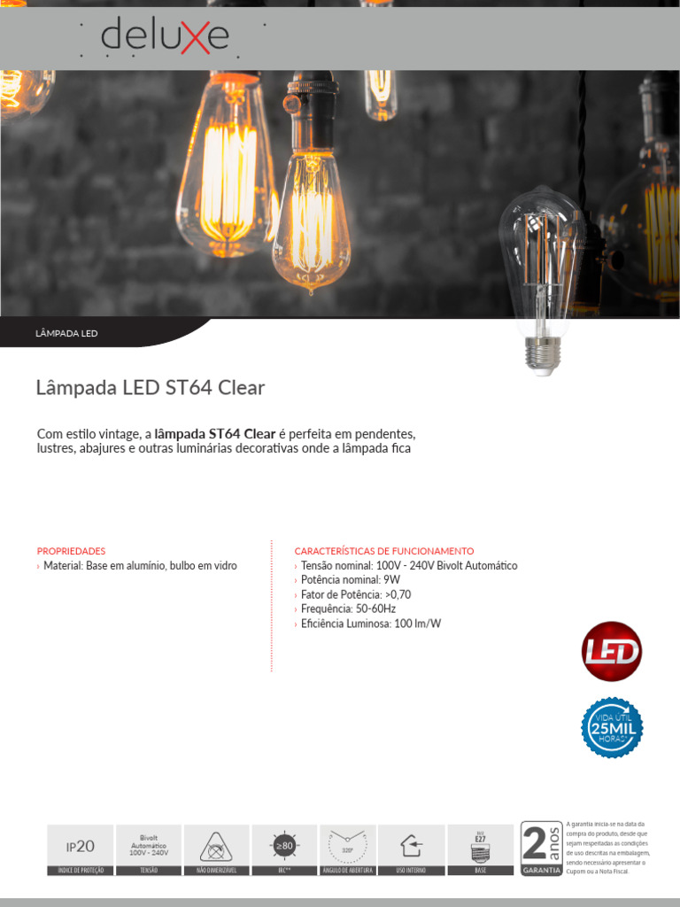 Lâmpada LED ST64 Clear 9W Bivolt | PDF | Lâmpada incandescente