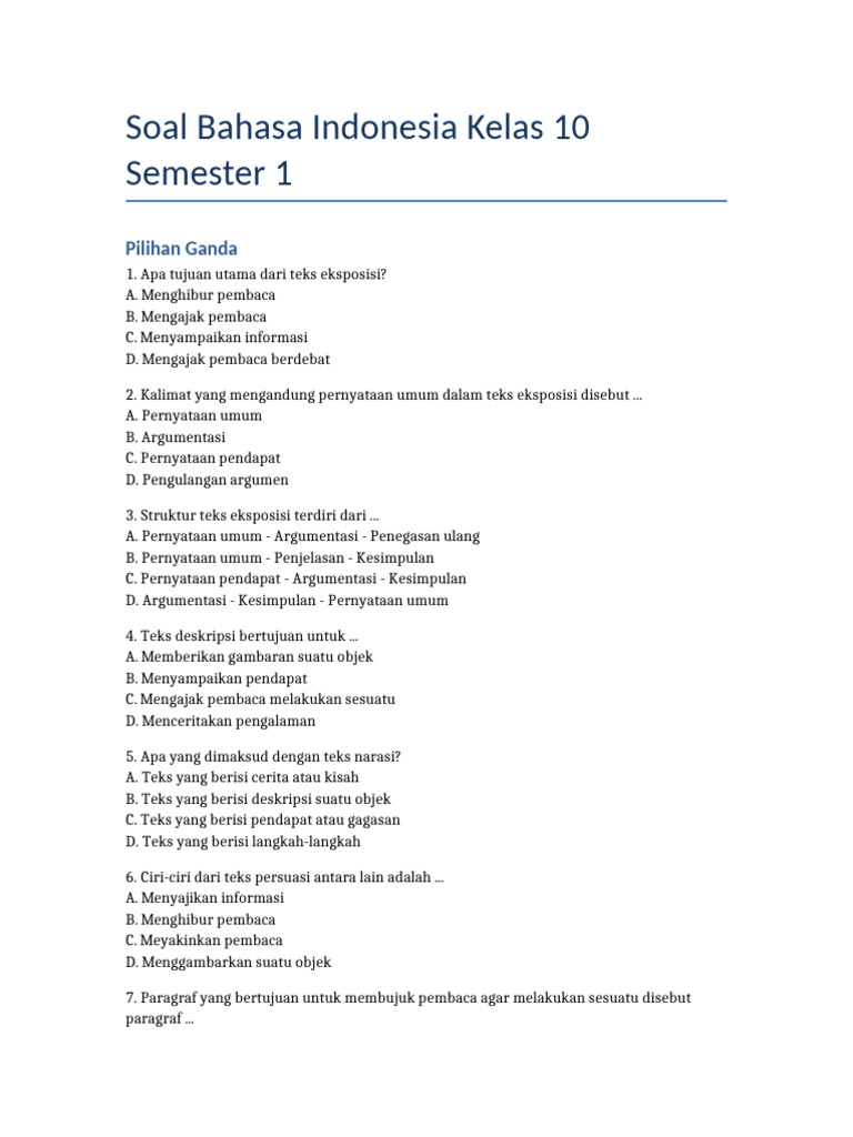 Soal Bahasa Indonesia Kelas 10 Semester 1 | PDF