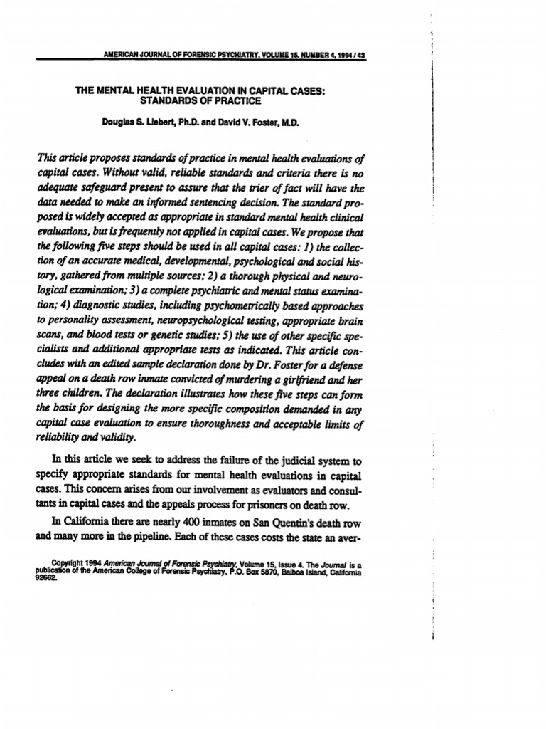 The Mental Health Evaluations in Capital Cases Standards of Practice | PDF
