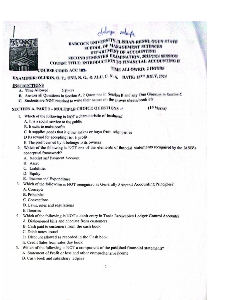 Introduction To Accounting Exam Past Questions | PDF