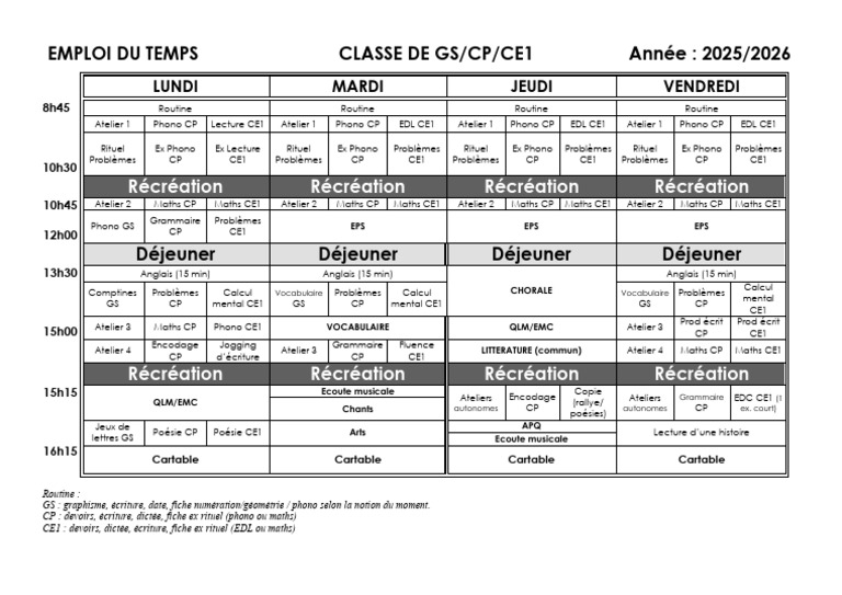 Emploi du temps GS/CP/CE1 2025-2026 | PDF