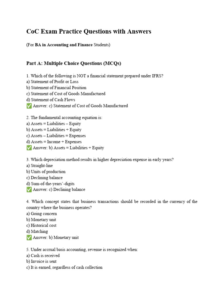 ? CoC Exam Practice Questions With Answers | PDF | Debits And Credits ...