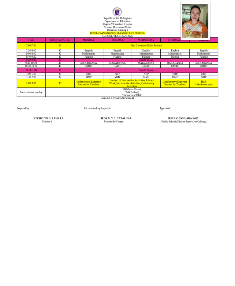 Grade 2 Class Program 2025-2026 | PDF