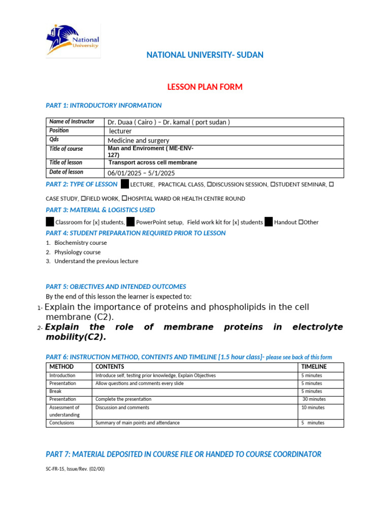 Lesson Plan: Cell Membrane Transport | PDF | Lecture | Behavior ...