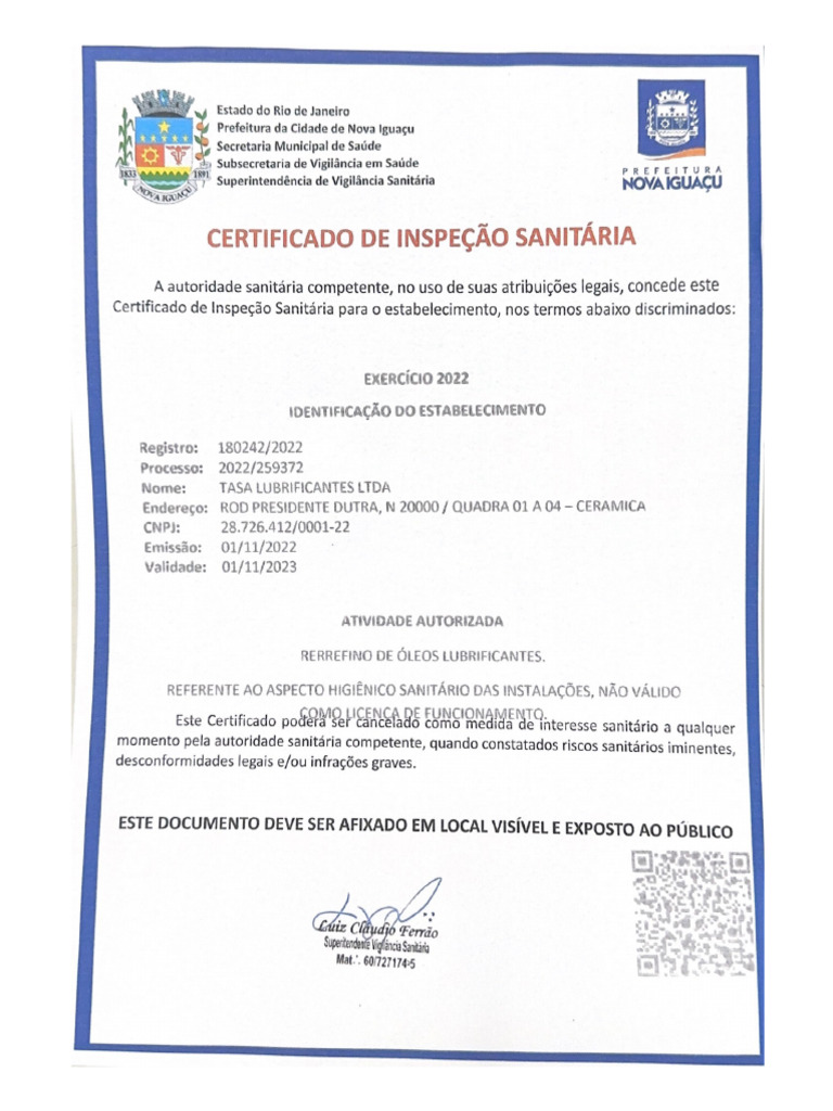 Certificado de Inspeção Sanitária | PDF