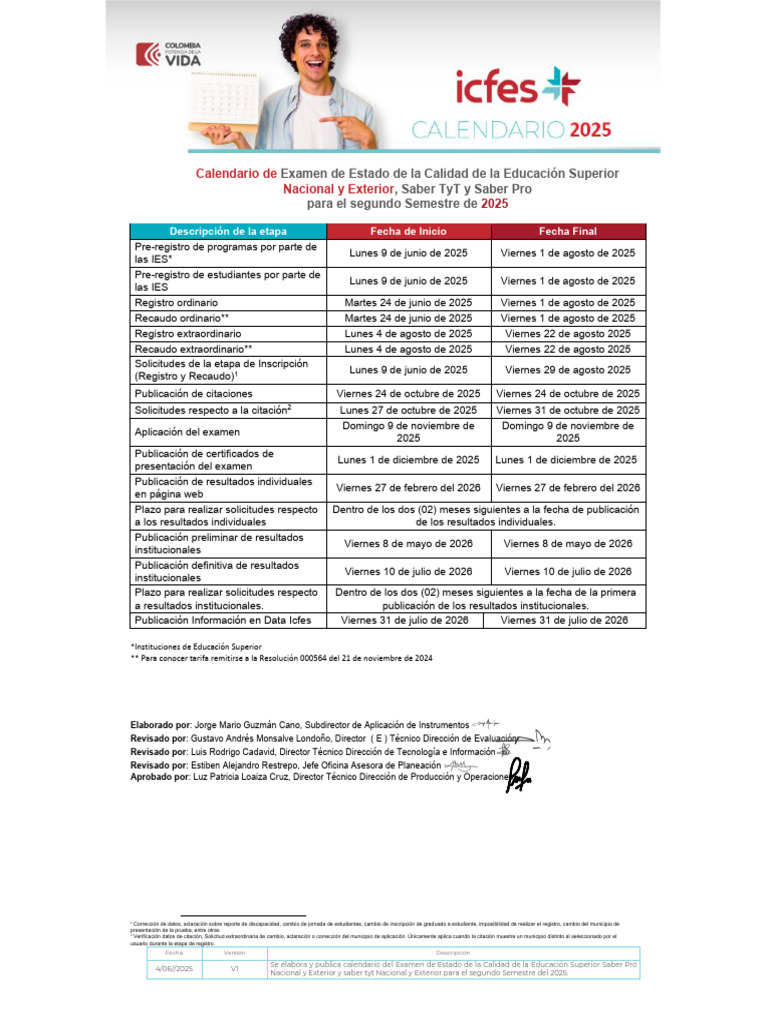 Calendario Exámenes Saber Pro 2025 | PDF