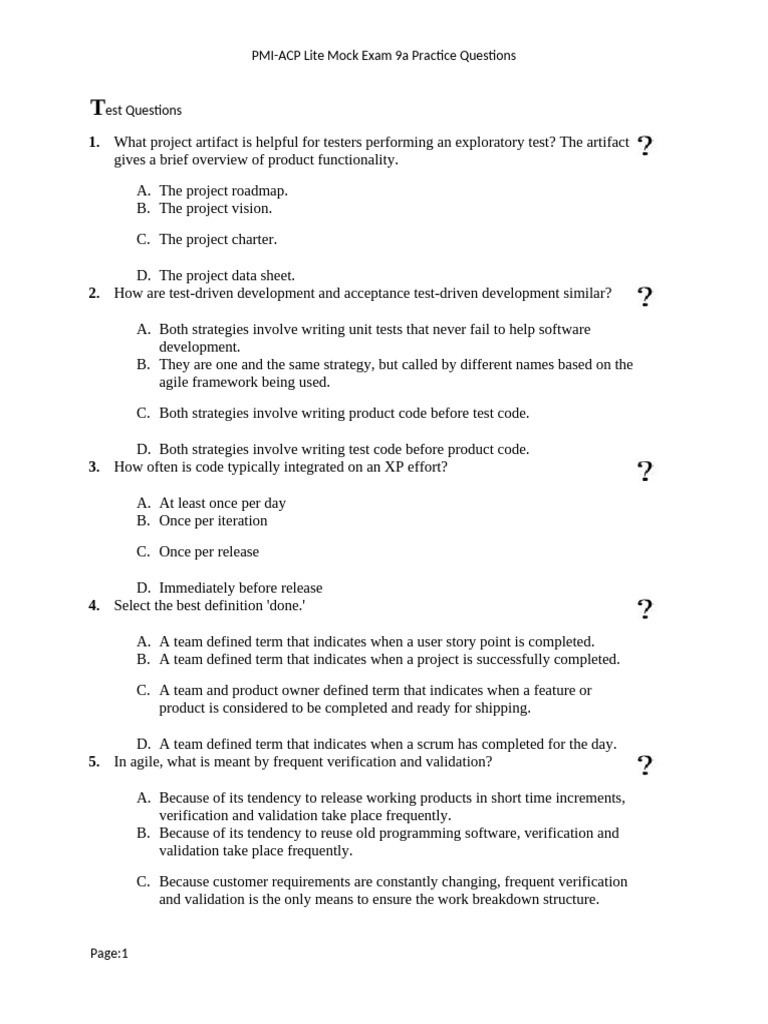PMI-ACP Lite Mock Exam 9a Questions | PDF | Test Driven Development ...