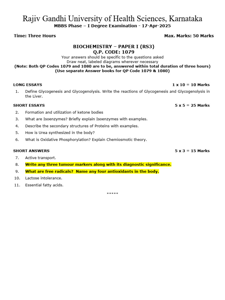 MBBS Biochemistry Exam Papers 2025 | PDF | Cholesterol | Biochemistry