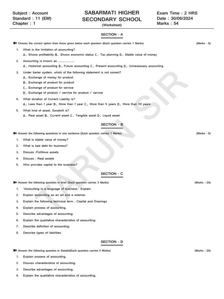Accounting Worksheet for Class 11 EM | PDF | Debits And Credits | Expense