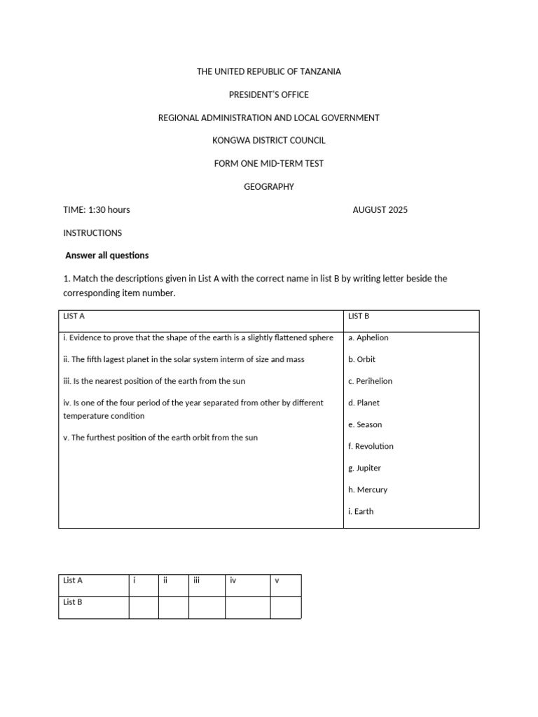 Form One Geography Mid-Term Test | PDF | Earth | Planets