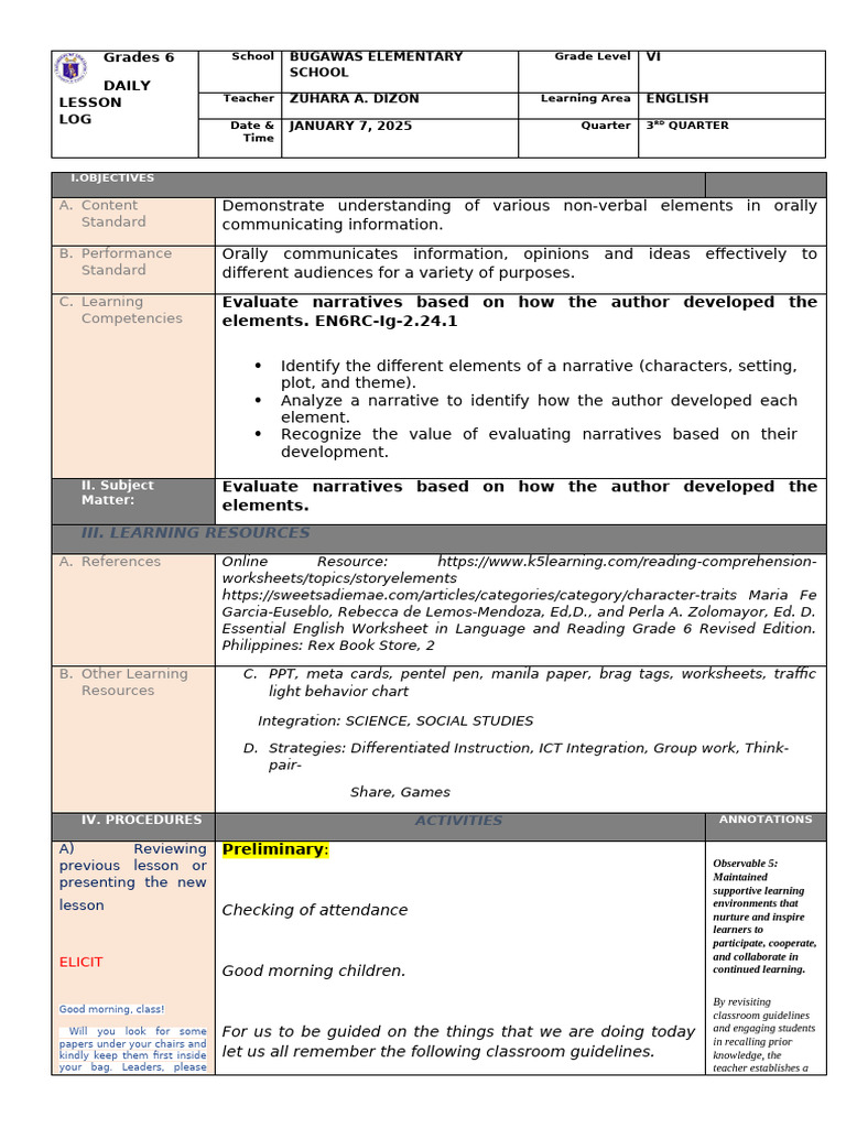 Grade 6 English Narrative Evaluation Lesson | PDF | Narrative | Narration