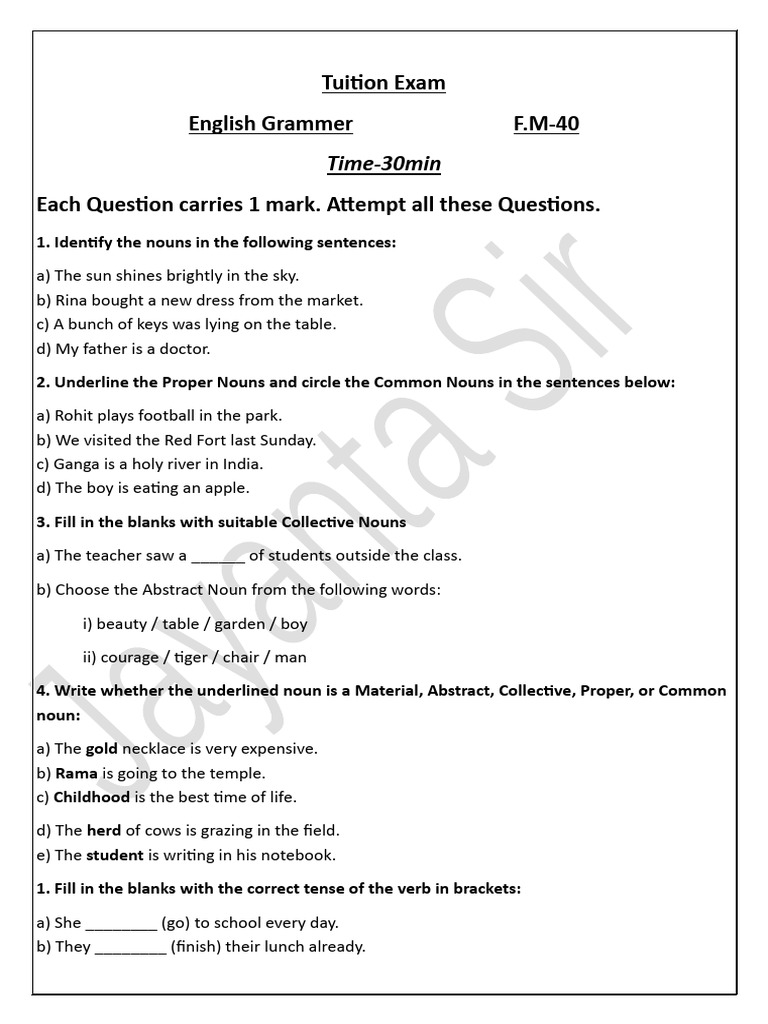 Class 2 Tuition Exam on Nouns and Verbs | PDF | Verb | English Grammar