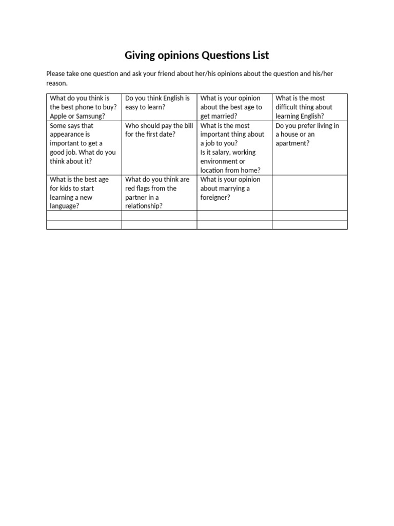 Opinion Questions for Discussion | PDF