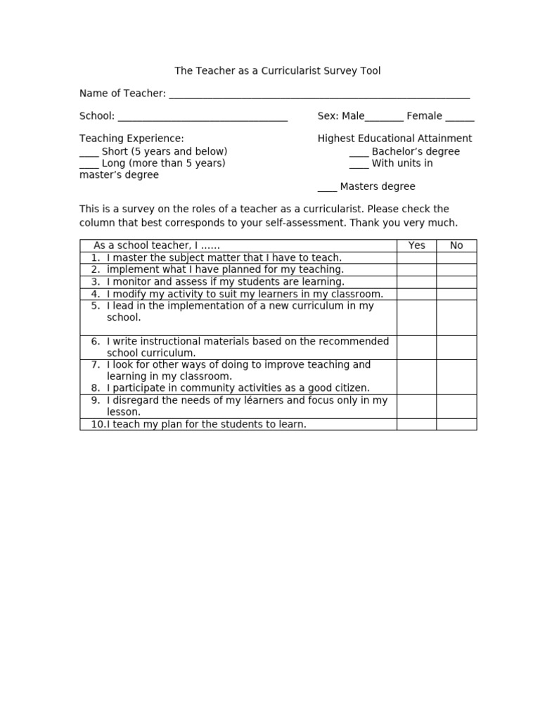 Teacher Curricularist Survey Tool | PDF | Teachers | Schools