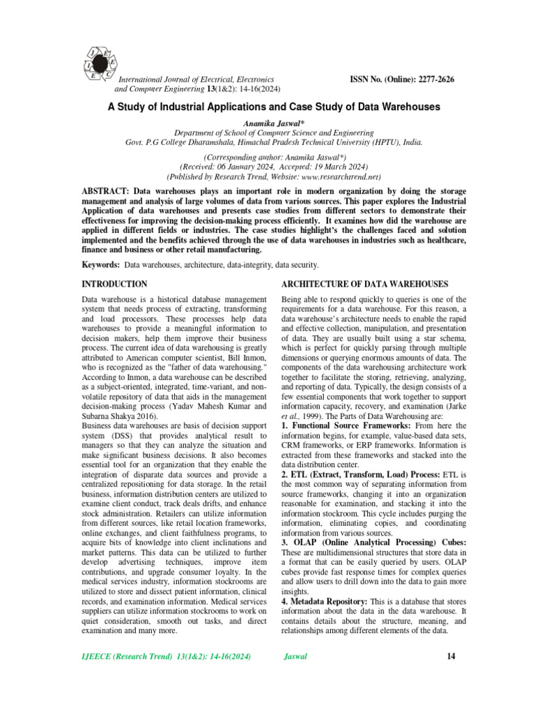 A Study of Industrial Applications and Case Study of Data Warehouses ...