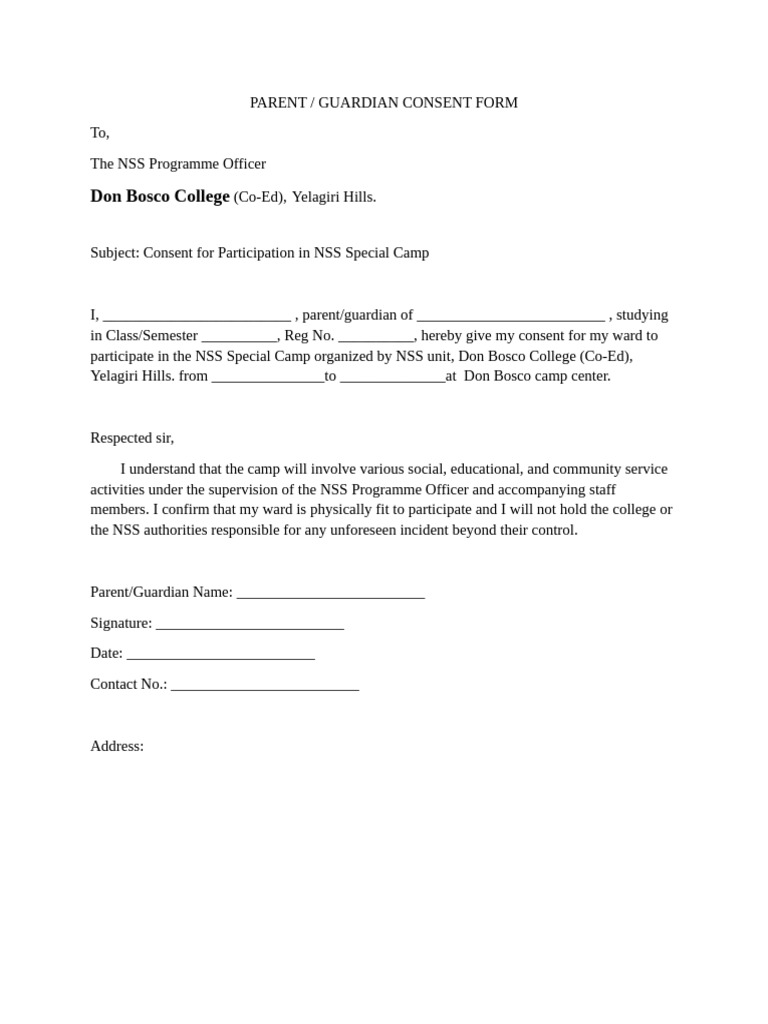 NSS Camp Consent Form Template | PDF