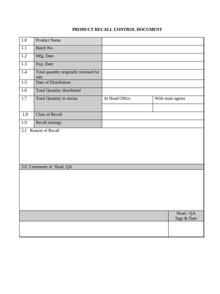 Product Recall Control Document | PDF
