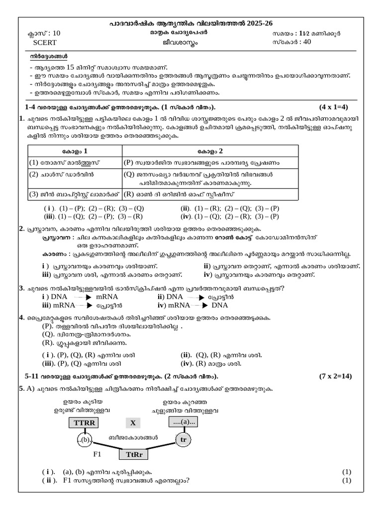 Biology Class 10 Model QN Paper (Mal Med) by SCERT - Answers by Rasheed ...