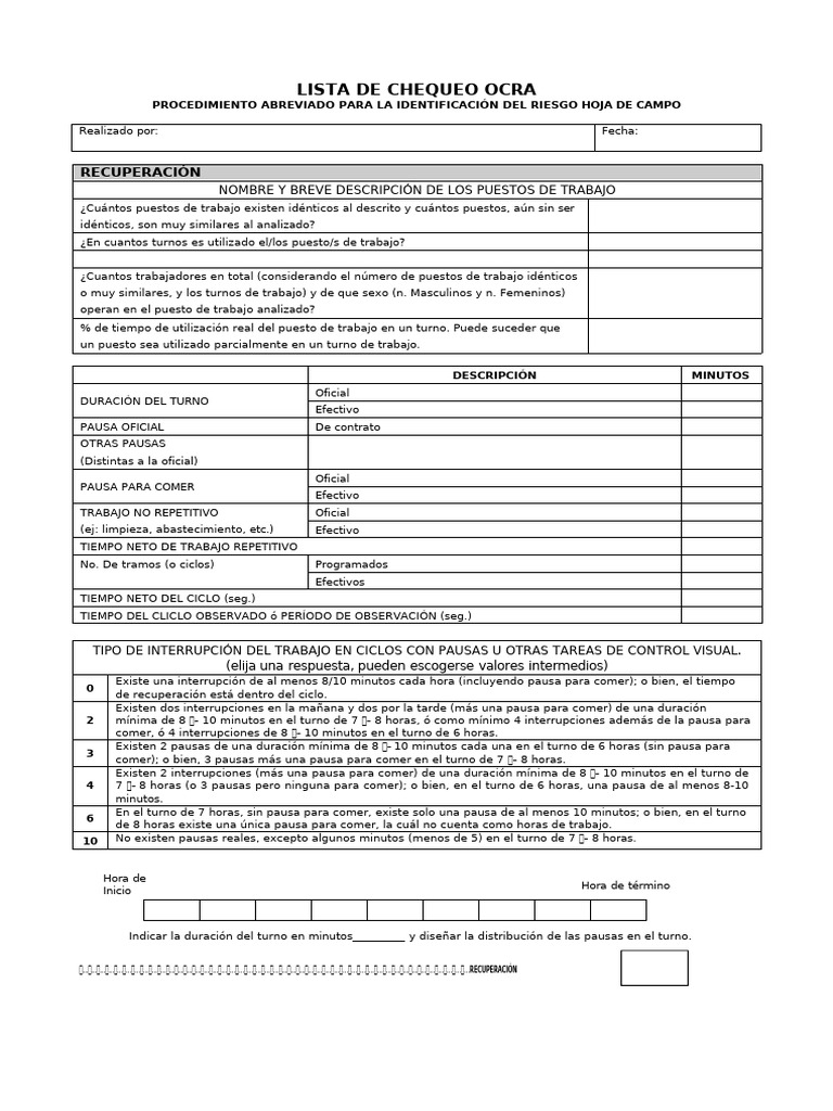 Checklist OCRA para Evaluación de Riesgos | PDF | Mano | Hombro