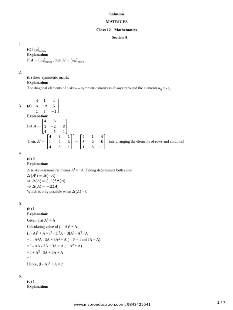 Class 12 Mathematics: Matrices Solutions | PDF | Matrix (Mathematics ...