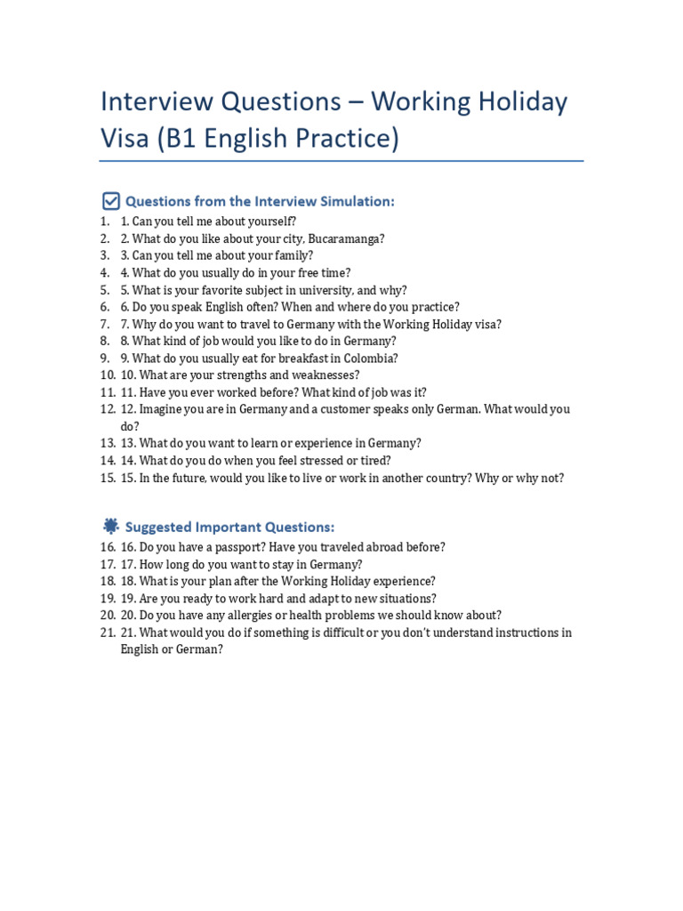 Working Holiday Visa Interview Questions | PDF