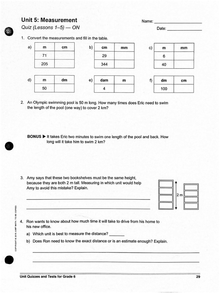 Jump Math - Test - Measurement 6-1 To 6-7 | PDF